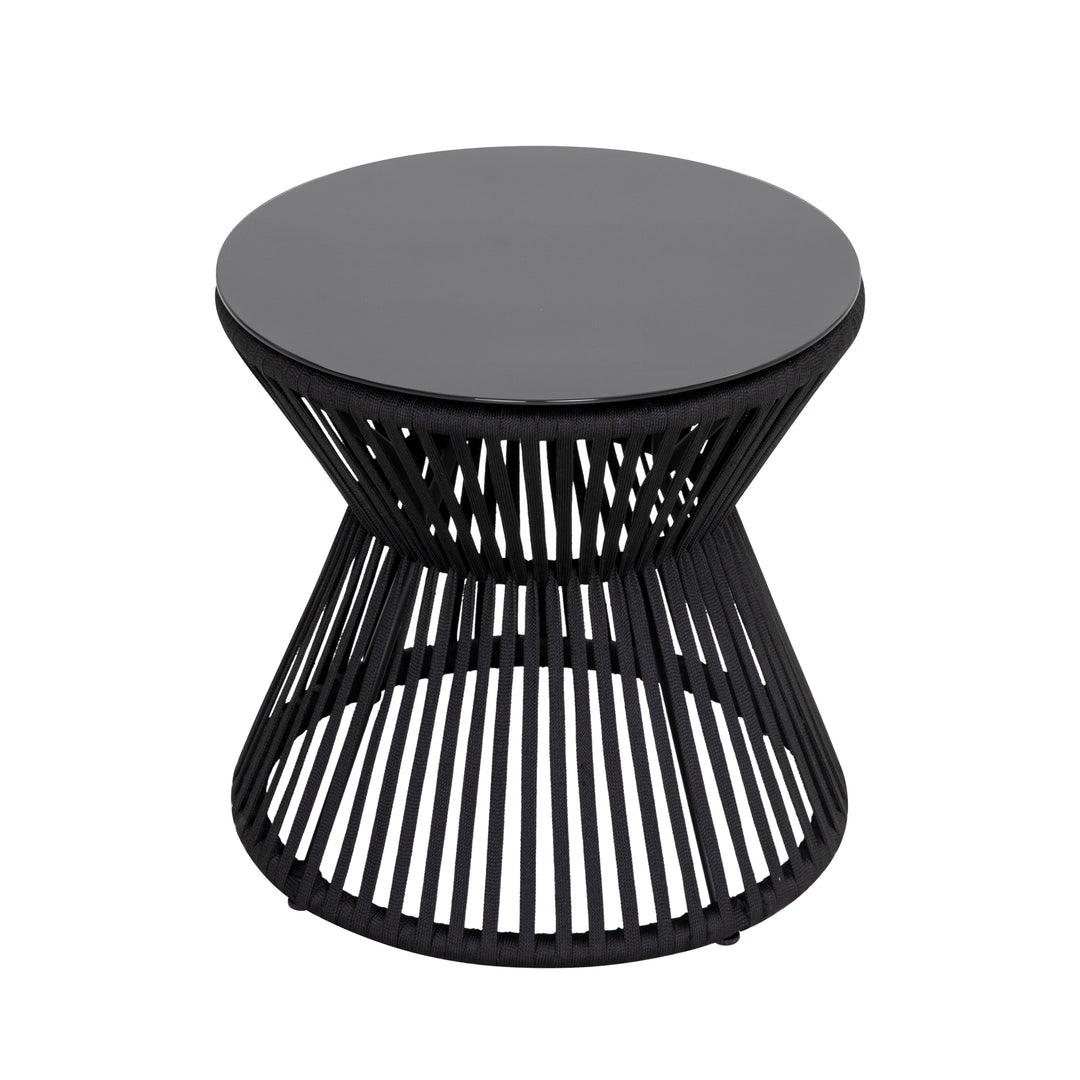 Outdoor 3-Piece Patio Bistro Set, 1 Coffee Table with Glass Tabletop and 2 Single Bistro Chairs with White Cushions, Wear-Resistant Woven Rope and Powder-Coated Steel, for Garden Yard Lawn Balcony, Black