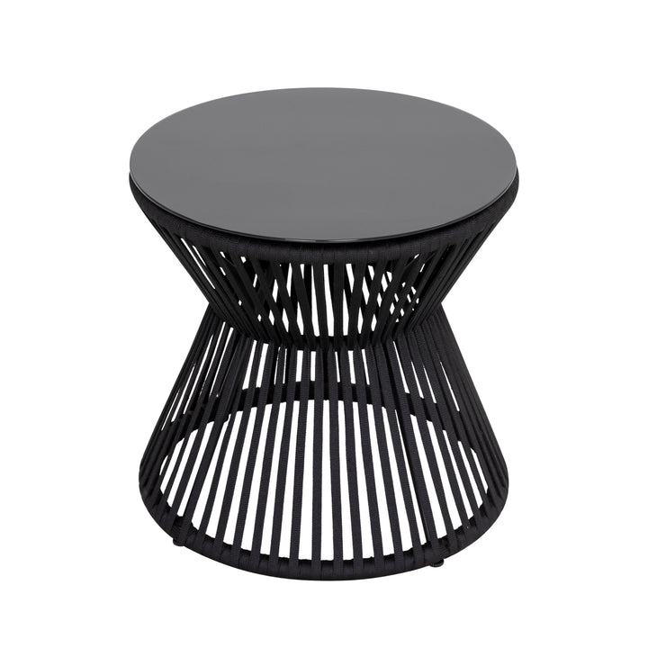 Outdoor 3-Piece Patio Bistro Set, 1 Coffee Table with Glass Tabletop and 2 Single Bistro Chairs with White Cushions, Wear-Resistant Woven Rope and Powder-Coated Steel, for Garden Yard Lawn Balcony, Black
