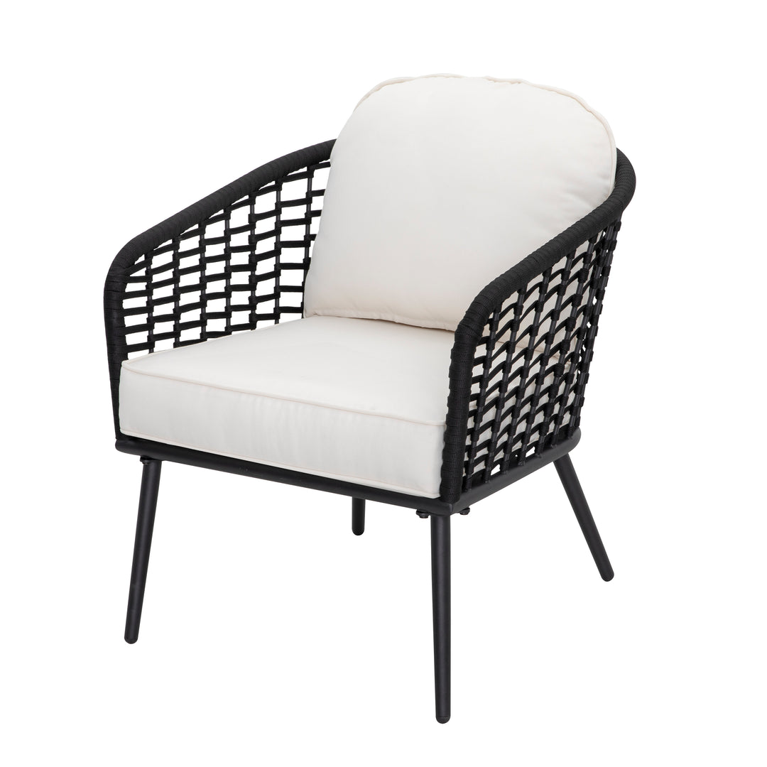 Outdoor 3-Piece Patio Bistro Set, 1 Coffee Table with Glass Tabletop and 2 Single Bistro Chairs with White Cushions, Wear-Resistant Woven Rope and Powder-Coated Steel, for Garden Yard Lawn Balcony, Black