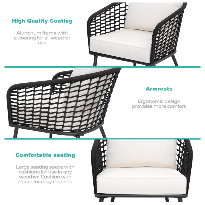 Outdoor 3-Piece Patio Bistro Set, 1 Coffee Table with Glass Tabletop and 2 Single Bistro Chairs with White Cushions, Wear-Resistant Woven Rope and Powder-Coated Steel, for Garden Yard Lawn Balcony, Black