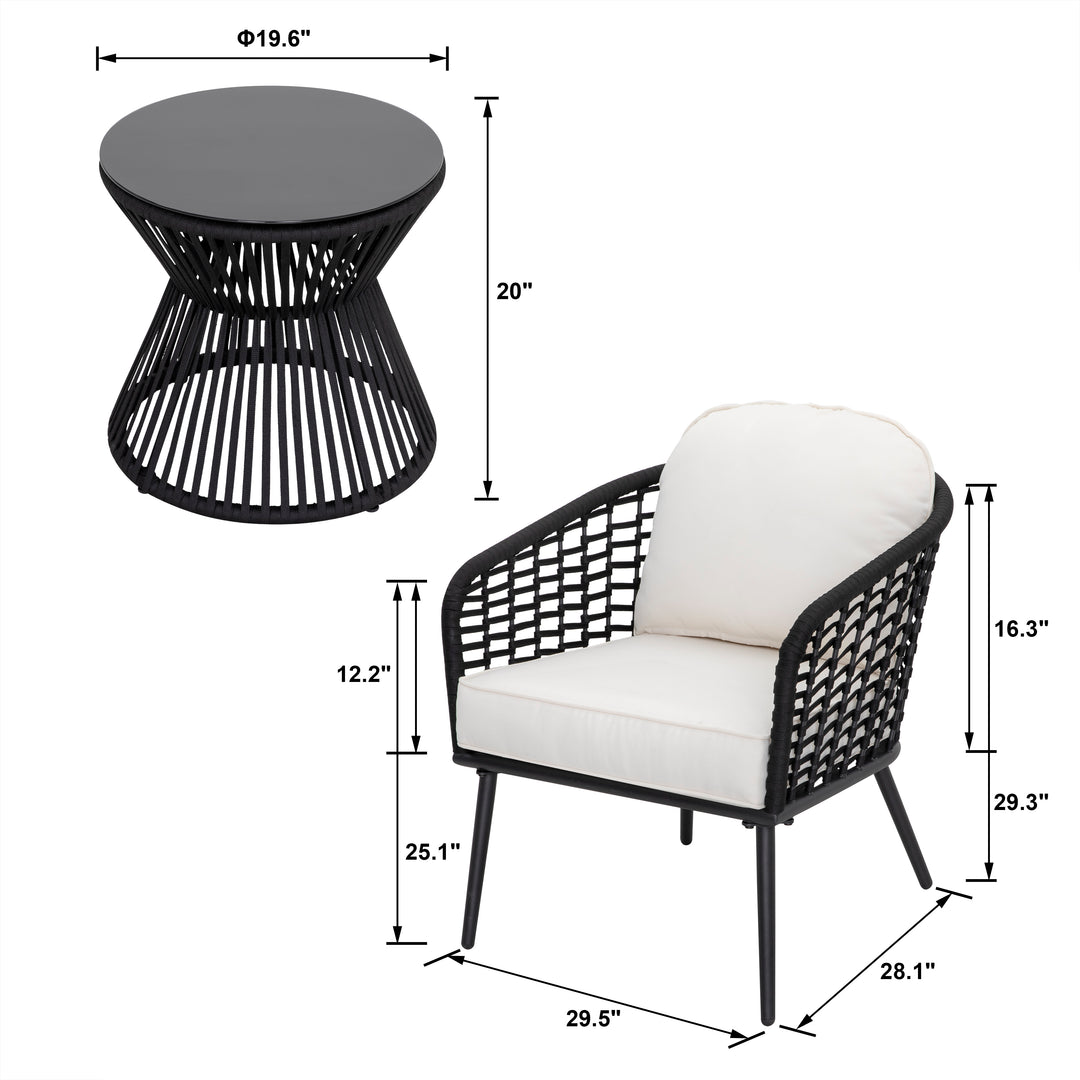 Outdoor 3-Piece Patio Bistro Set, 1 Coffee Table with Glass Tabletop and 2 Single Bistro Chairs with White Cushions, Wear-Resistant Woven Rope and Powder-Coated Steel, for Garden Yard Lawn Balcony, Black