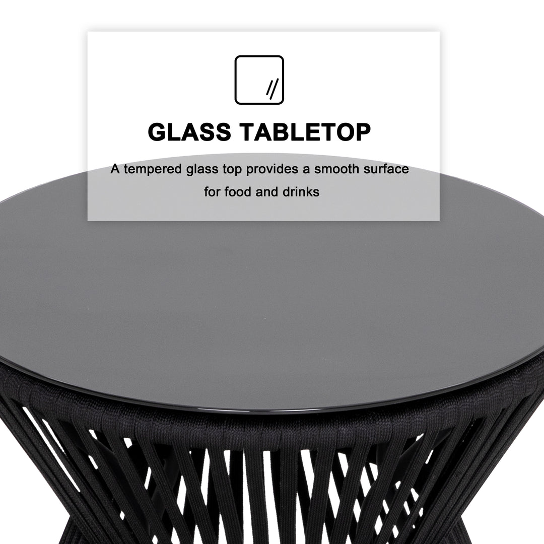 Outdoor 3-Piece Patio Bistro Set, 1 Coffee Table with Glass Tabletop and 2 Single Bistro Chairs with White Cushions, Wear-Resistant Woven Rope and Powder-Coated Steel, for Garden Yard Lawn Balcony, Black