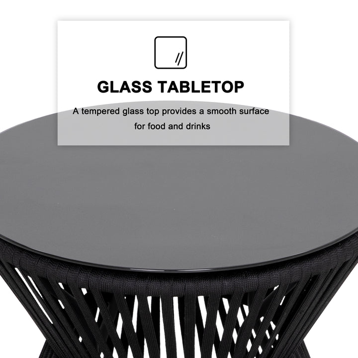 Outdoor 3-Piece Patio Bistro Set, 1 Coffee Table with Glass Tabletop and 2 Single Bistro Chairs with White Cushions, Wear-Resistant Woven Rope and Powder-Coated Steel, for Garden Yard Lawn Balcony, Black