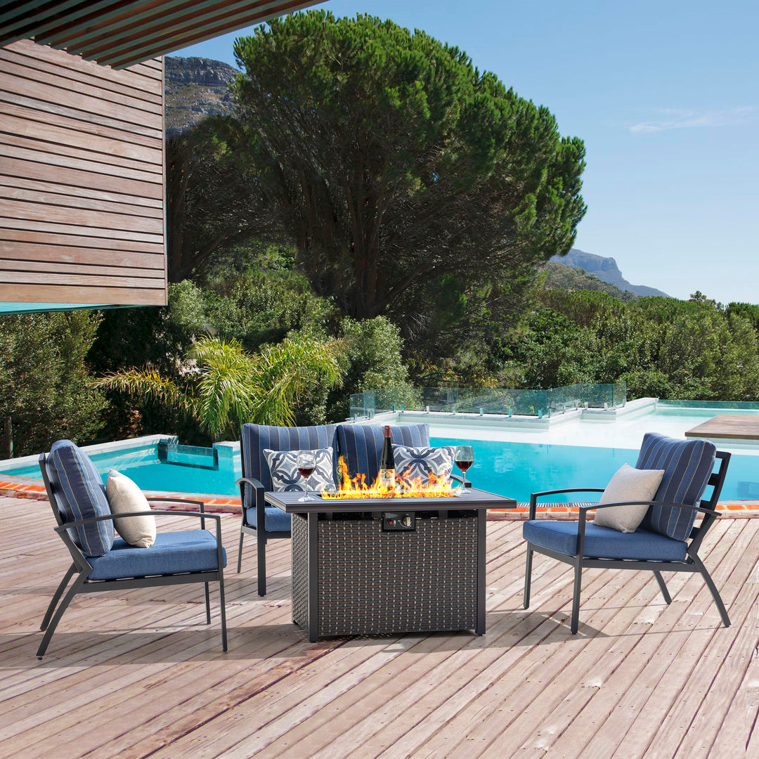 Outdoor 5-Piece Fire Pit Table Set with Aluminum Sofas with Cushions