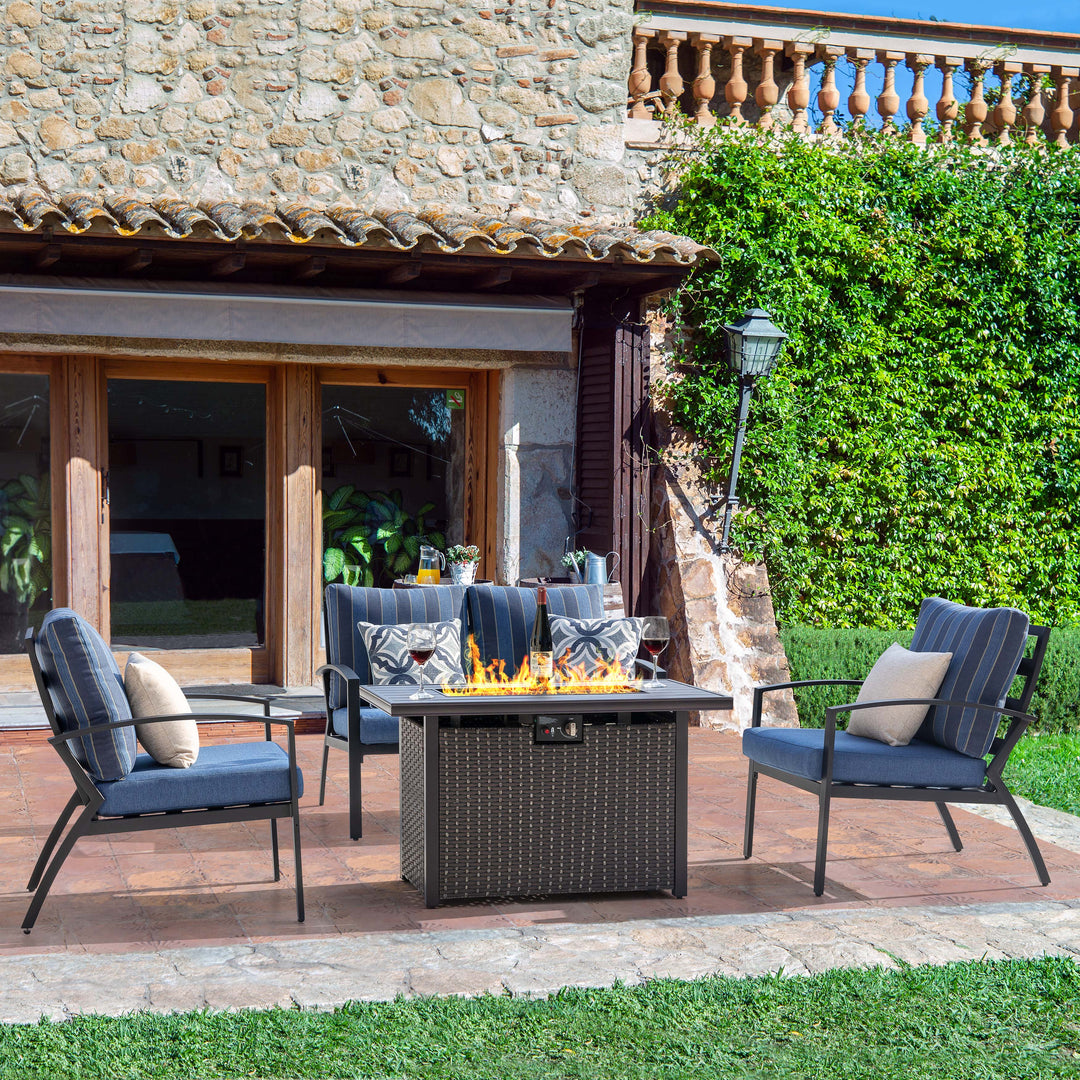 Outdoor 5-Piece Fire Pit Table Set with Aluminum Sofas with Cushions