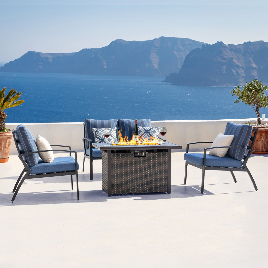 Outdoor 5-Piece Fire Pit Table Set with Aluminum Sofas with Cushions