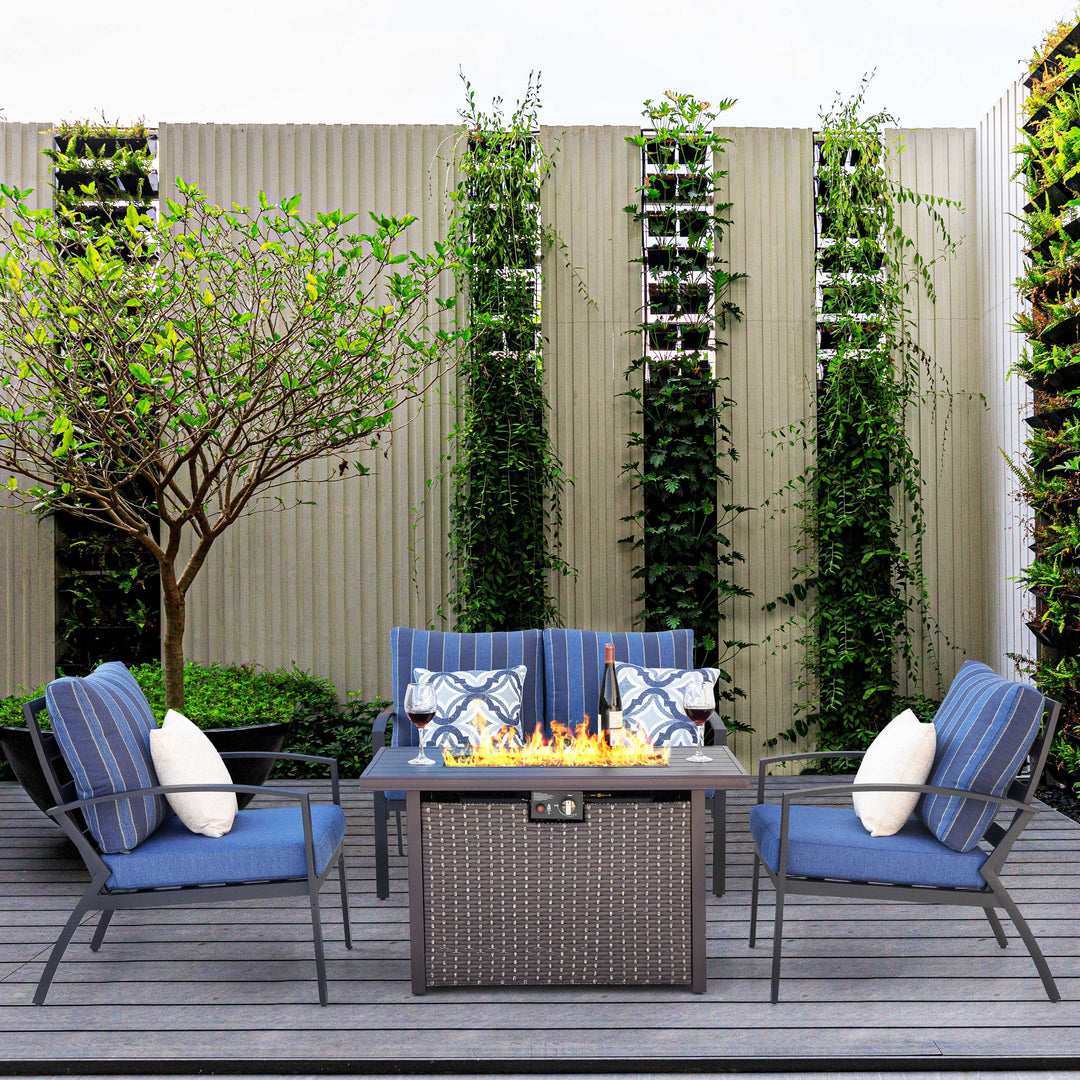 Outdoor 5-Piece Fire Pit Table Set with Aluminum Sofas with Cushions