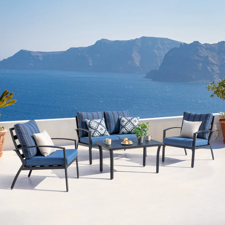 Outdoor 5-Piece Fire Pit Table Set with Aluminum Sofas with Cushions