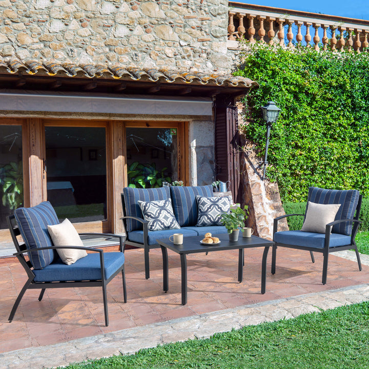 Outdoor 5-Piece Fire Pit Table Set with Aluminum Sofas with Cushions