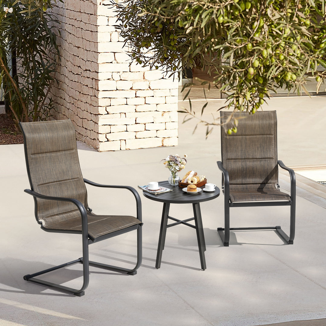 3-Piece Outdoor Bistro Set, Round Iron Table and 2 C-spring Motion Textilene Chairs, Black with Gold Speckles and Brown Color