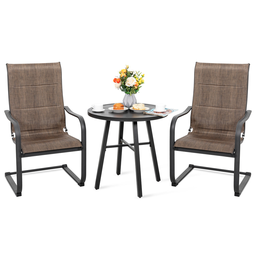 3-Piece Outdoor Bistro Set, Round Iron Table and 2 C-spring Motion Textilene Chairs, Black with Gold Speckles and Brown Color