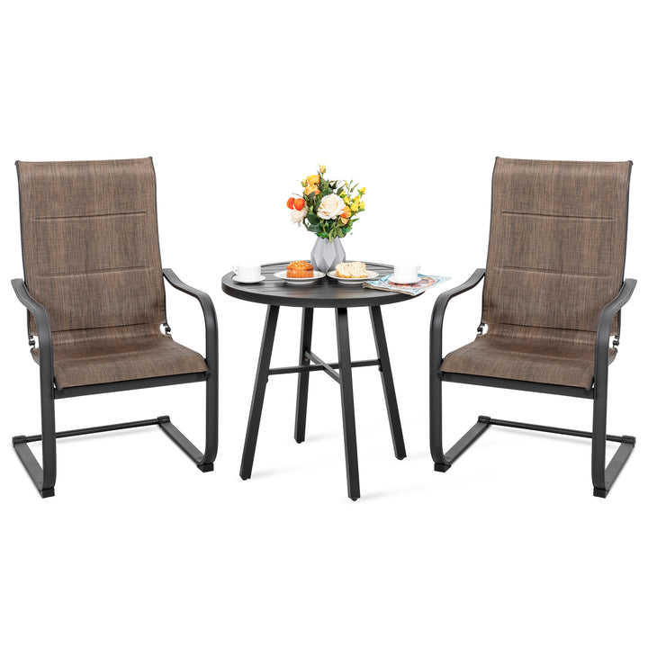 3-Piece Outdoor Bistro Set, Round Iron Table and 2 C-spring Motion Textilene Chairs, Black with Gold Speckles and Brown Color