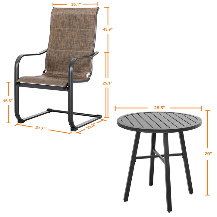 3-Piece Outdoor Bistro Set, Round Iron Table and 2 C-spring Motion Textilene Chairs, Black with Gold Speckles and Brown Color