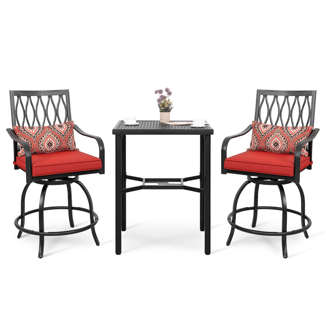 Outdoor 3-Piece Metal Bar Set, Swivel Bar Stools with Cushions and Pillows