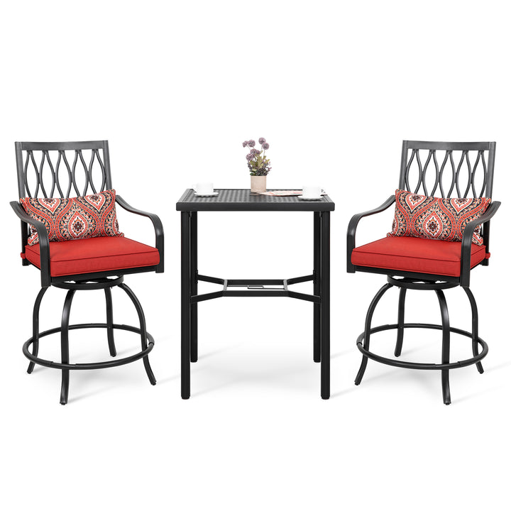 Outdoor 3-Piece Metal Bar Set, Swivel Bar Stools with Cushions and Pillows