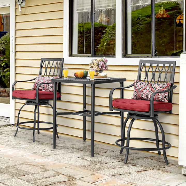 Outdoor 3-Piece Metal Bar Set, Swivel Bar Stools with Cushions and Pillows
