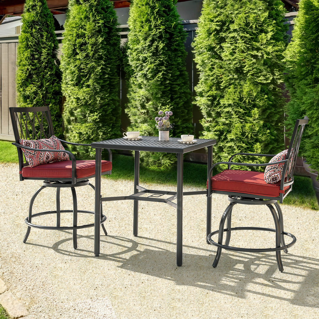 Outdoor 3-Piece Metal Bar Set, Swivel Bar Stools with Cushions and Pillows