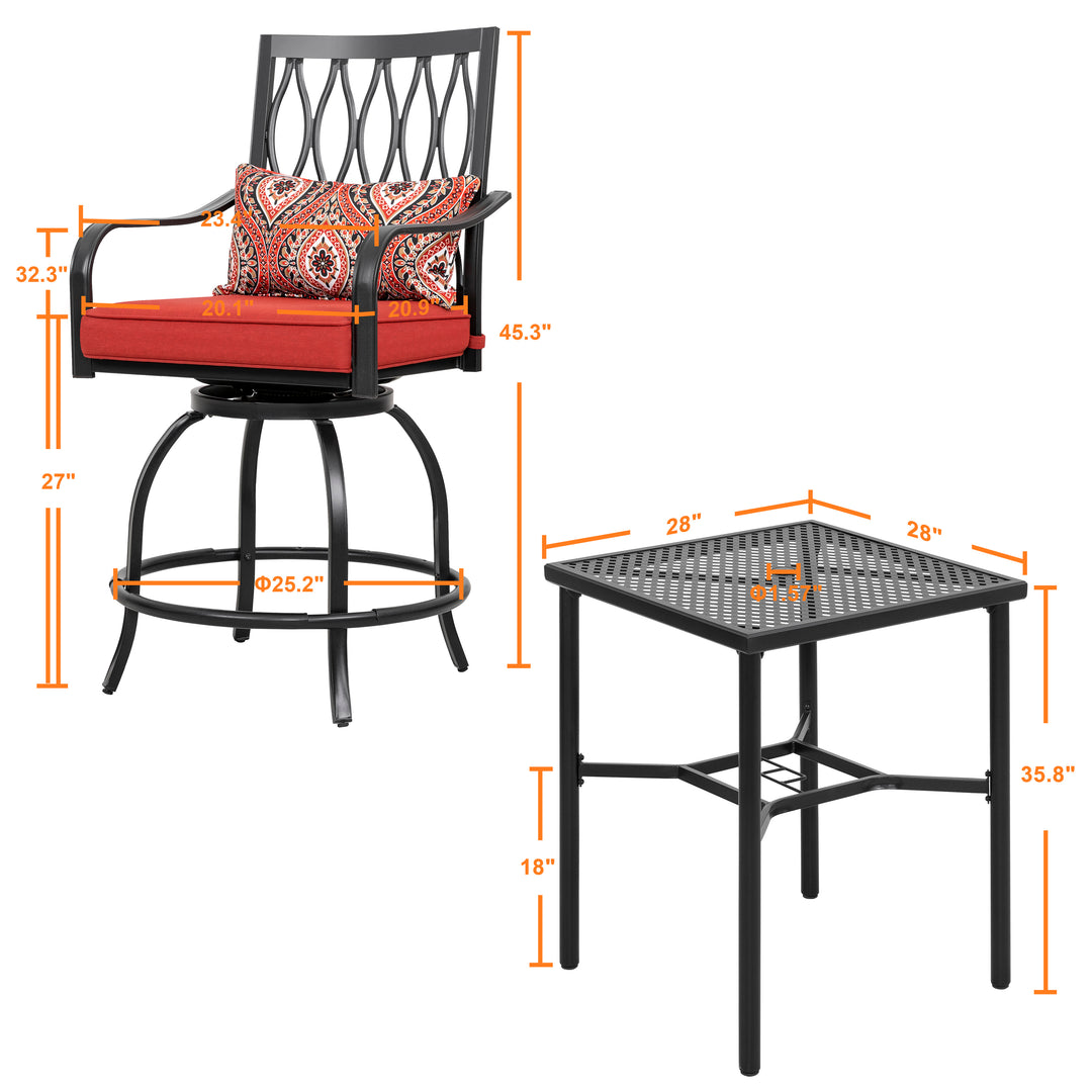 Outdoor 3-Piece Metal Bar Set, Swivel Bar Stools with Cushions and Pillows