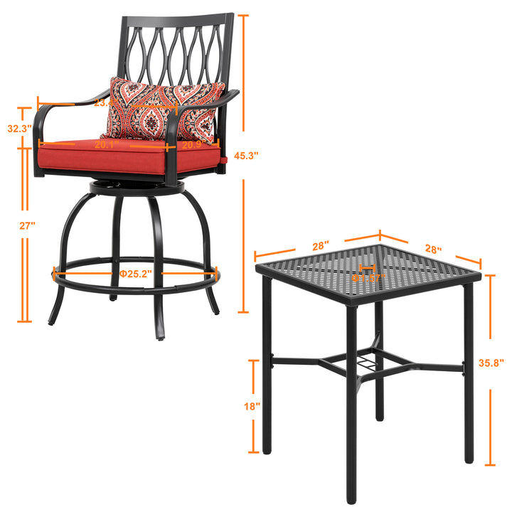 Outdoor 3-Piece Metal Bar Set, Swivel Bar Stools with Cushions and Pillows