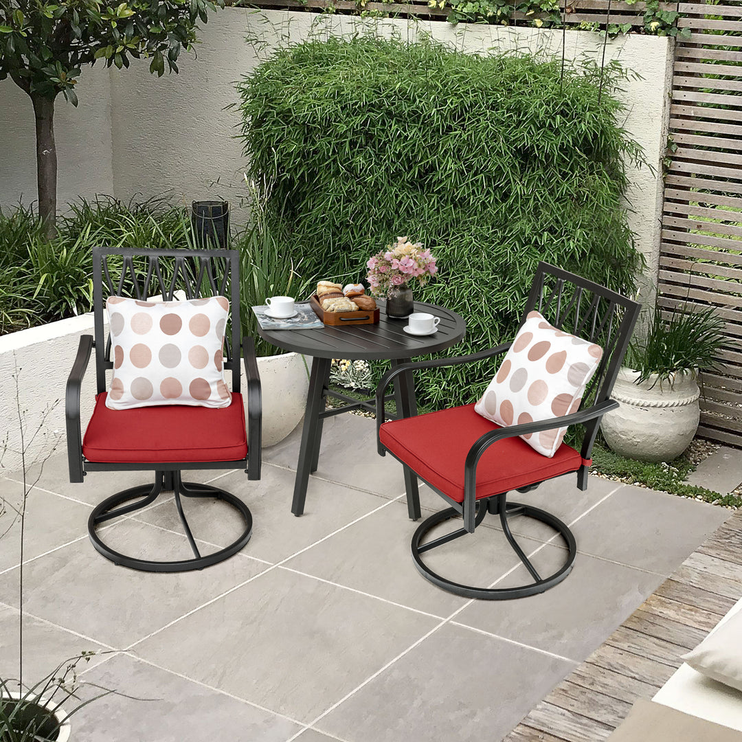 3 Piece Outdoor Patio Bistro Set, Cushioned Swivel Rocker Chairs with Round Steel Dining Table