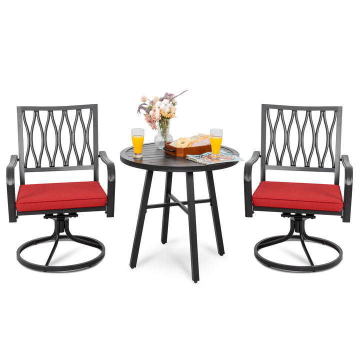 3 Piece Outdoor Patio Bistro Set, Cushioned Swivel Rocker Chairs with Round Steel Dining Table