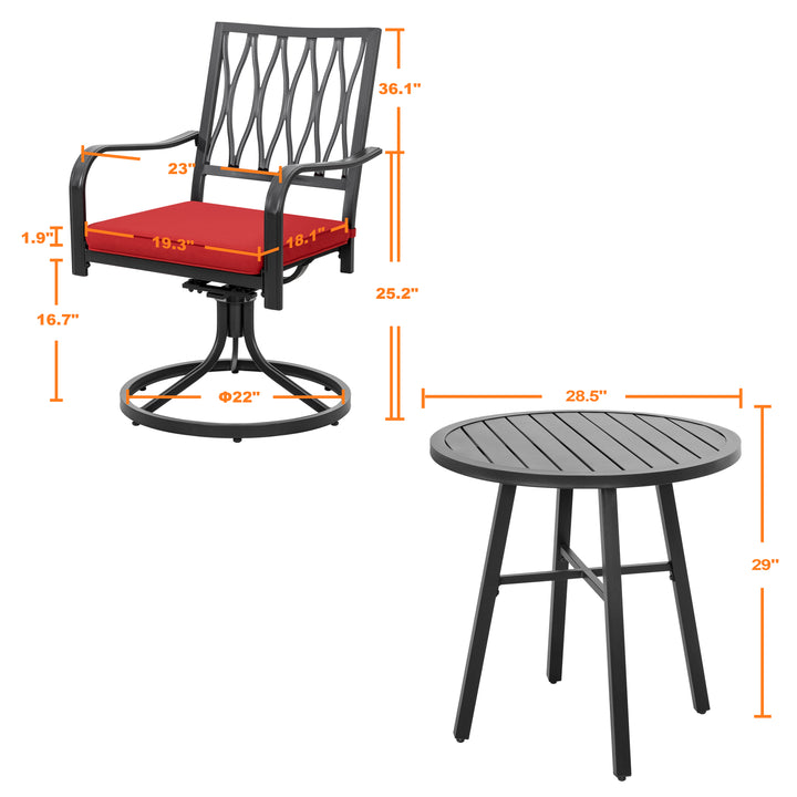 3 Piece Outdoor Patio Bistro Set, Cushioned Swivel Rocker Chairs with Round Steel Dining Table