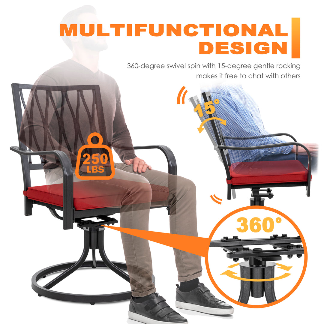 3 Piece Outdoor Patio Bistro Set, Cushioned Swivel Rocker Chairs with Round Steel Dining Table