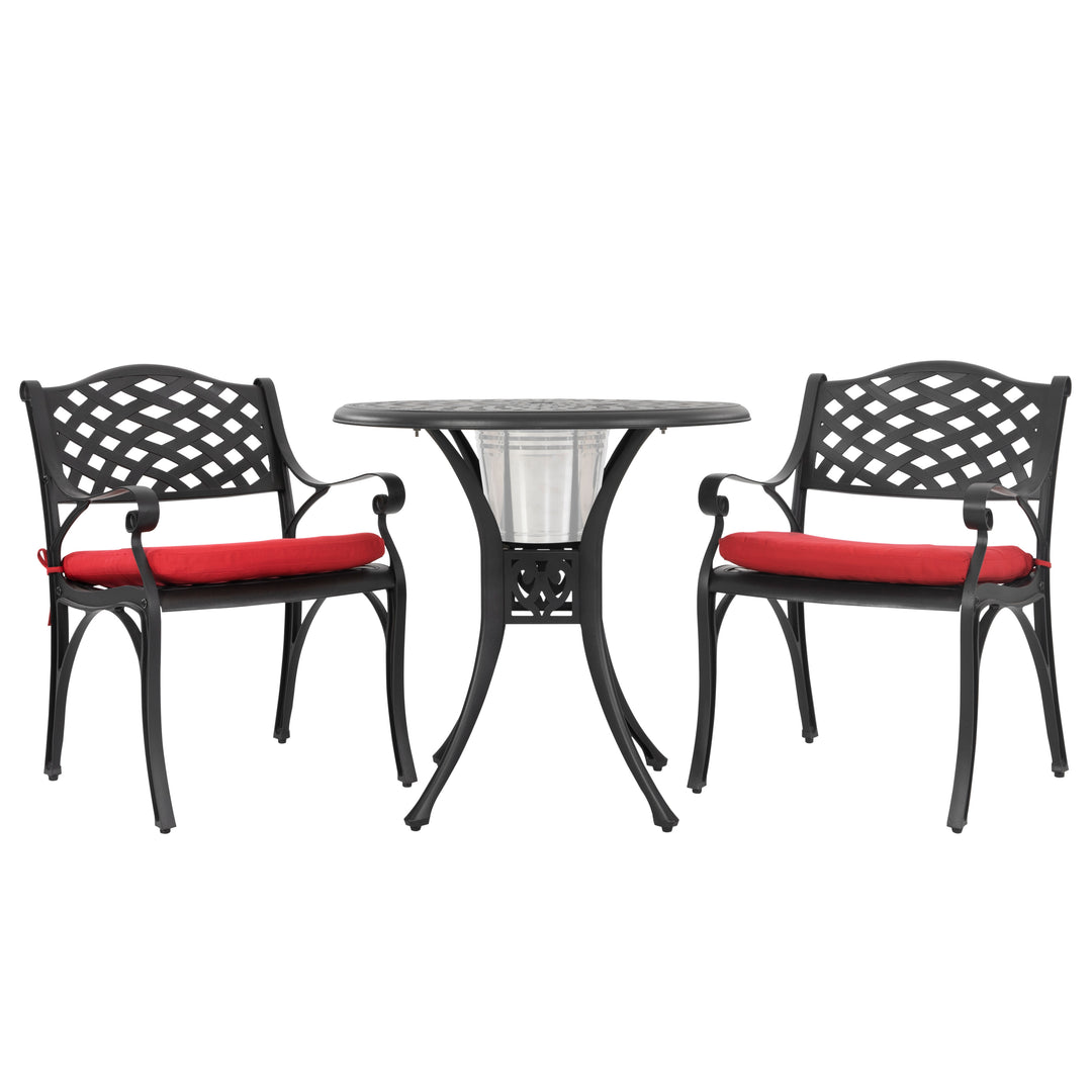 Outdoor 3-Piece Patio Bistro Set, 2 Patio Chairs with Cushions, 31'' Round Bistro Table with Ice Bucket Function and 1.97" Umbrella Hole, Cast Aluminum Frame, Olefin Fabric, for Patio, Deck, Garden, Black with Gold Speckles and Red