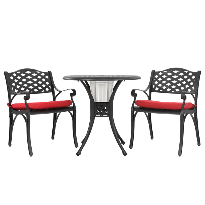 Outdoor 3-Piece Patio Bistro Set, 2 Patio Chairs with Cushions, 31'' Round Bistro Table with Ice Bucket Function and 1.97" Umbrella Hole, Cast Aluminum Frame, Olefin Fabric, for Patio, Deck, Garden, Black with Gold Speckles and Red