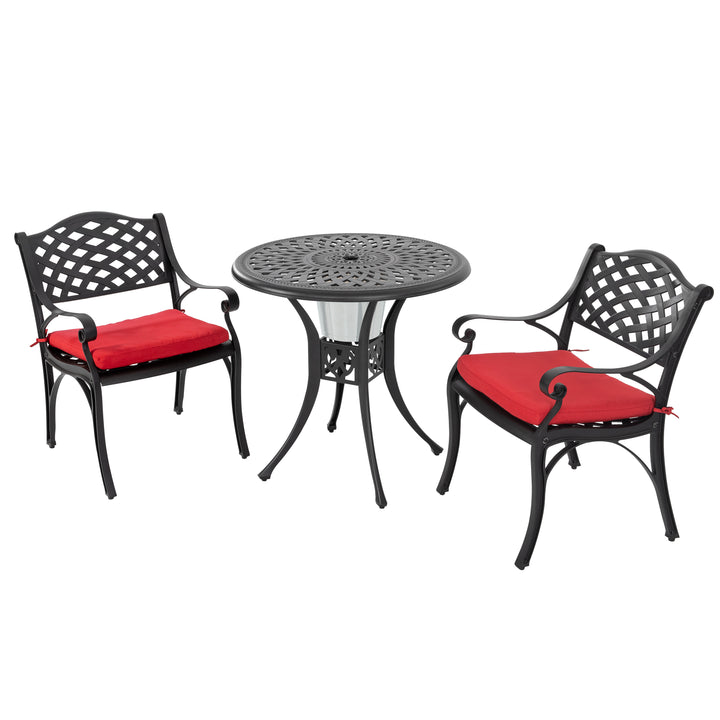 Outdoor 3-Piece Patio Bistro Set, 2 Patio Chairs with Cushions, 31'' Round Bistro Table with Ice Bucket Function and 1.97" Umbrella Hole, Cast Aluminum Frame, Olefin Fabric, for Patio, Deck, Garden, Black with Gold Speckles and Red