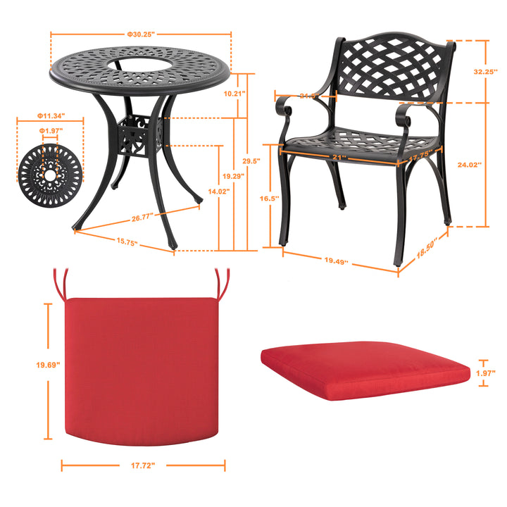 Outdoor 3-Piece Patio Bistro Set, 2 Patio Chairs with Cushions, 31'' Round Bistro Table with Ice Bucket Function and 1.97" Umbrella Hole, Cast Aluminum Frame, Olefin Fabric, for Patio, Deck, Garden, Black with Gold Speckles and Red