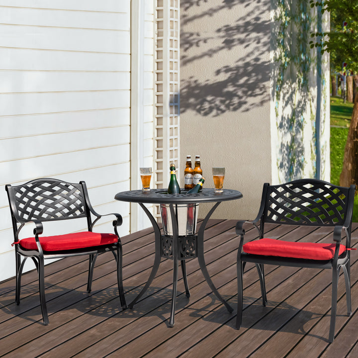 Outdoor 3-Piece Patio Bistro Set, 2 Patio Chairs with Cushions, 31'' Round Bistro Table with Ice Bucket Function and 1.97" Umbrella Hole, Cast Aluminum Frame, Olefin Fabric, for Patio, Deck, Garden, Black with Gold Speckles and Red