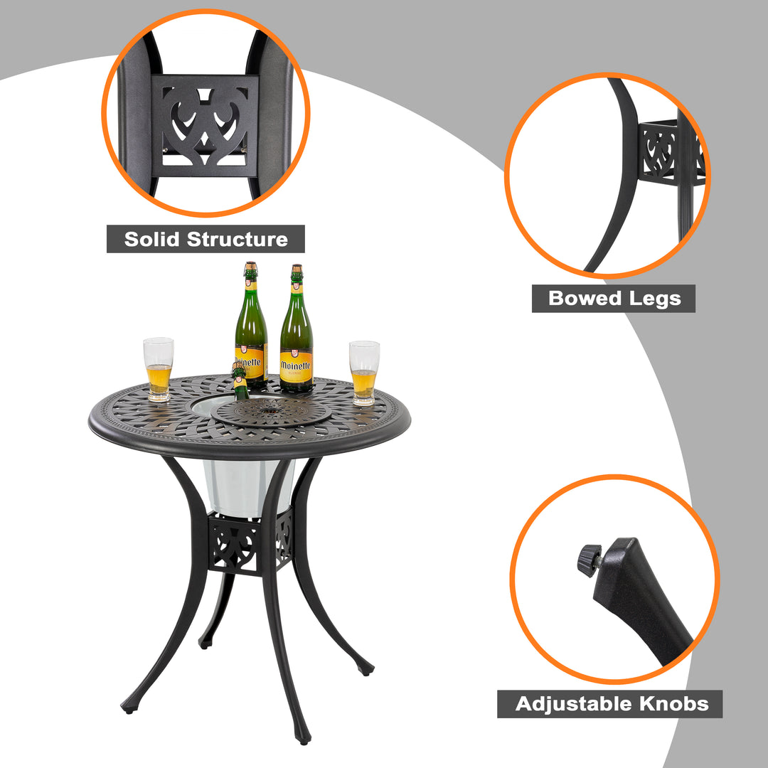 Outdoor 3-Piece Patio Bistro Set, 2 Patio Chairs with Cushions, 31'' Round Bistro Table with Ice Bucket Function and 1.97" Umbrella Hole, Cast Aluminum Frame, Olefin Fabric, for Patio, Deck, Garden, Black with Gold Speckles and Red