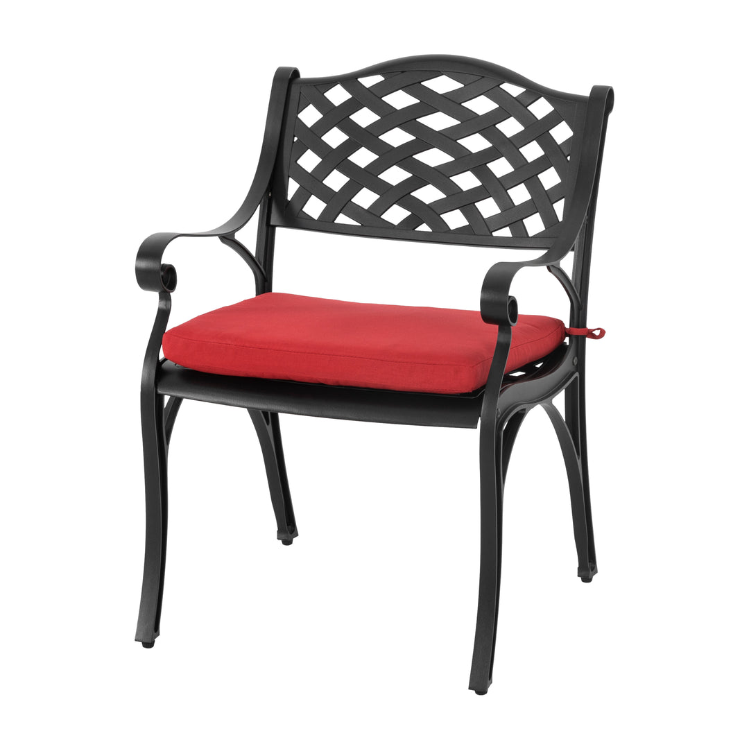 Outdoor 3-Piece Patio Bistro Set, 2 Patio Chairs with Cushions, 31'' Round Bistro Table with Ice Bucket Function and 1.97" Umbrella Hole, Cast Aluminum Frame, Olefin Fabric, for Patio, Deck, Garden, Black with Gold Speckles and Red