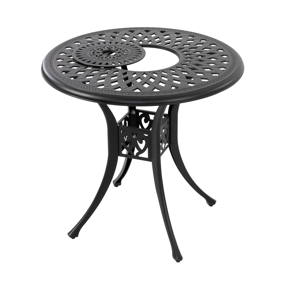 Outdoor 3-Piece Patio Bistro Set, 2 Patio Chairs with Cushions, 31'' Round Bistro Table with Ice Bucket Function and 1.97" Umbrella Hole, Cast Aluminum Frame, Olefin Fabric, for Patio, Deck, Garden, Black with Gold Speckles and Red