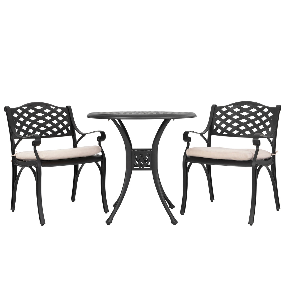 Outdoor 3-Piece Patio Bistro Set, 2 Patio Chairs with Cushions, 31'' Round Bistro Table with Ice Bucket Function and 1.97" Umbrella Hole, Cast Aluminum Frame, Olefin Fabric, for Patio, Deck, Garden, Black with Gold Speckles and Beige