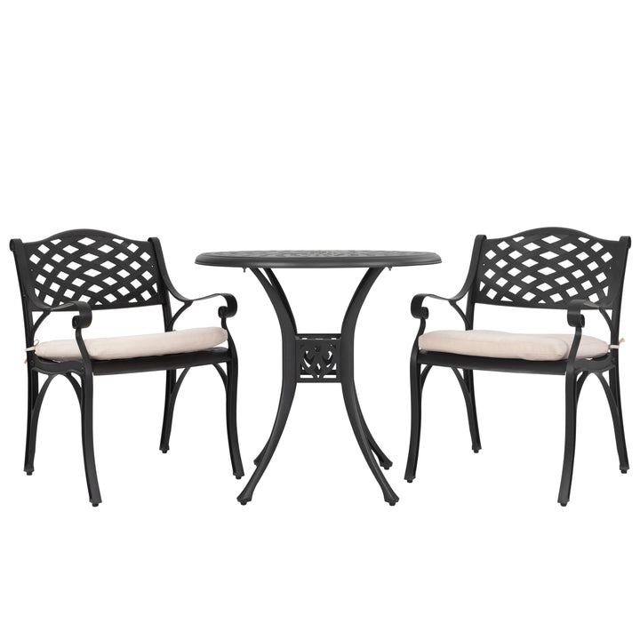 Outdoor 3-Piece Patio Bistro Set, 2 Patio Chairs with Cushions, 31'' Round Bistro Table with Ice Bucket Function and 1.97" Umbrella Hole, Cast Aluminum Frame, Olefin Fabric, for Patio, Deck, Garden, Black with Gold Speckles and Beige