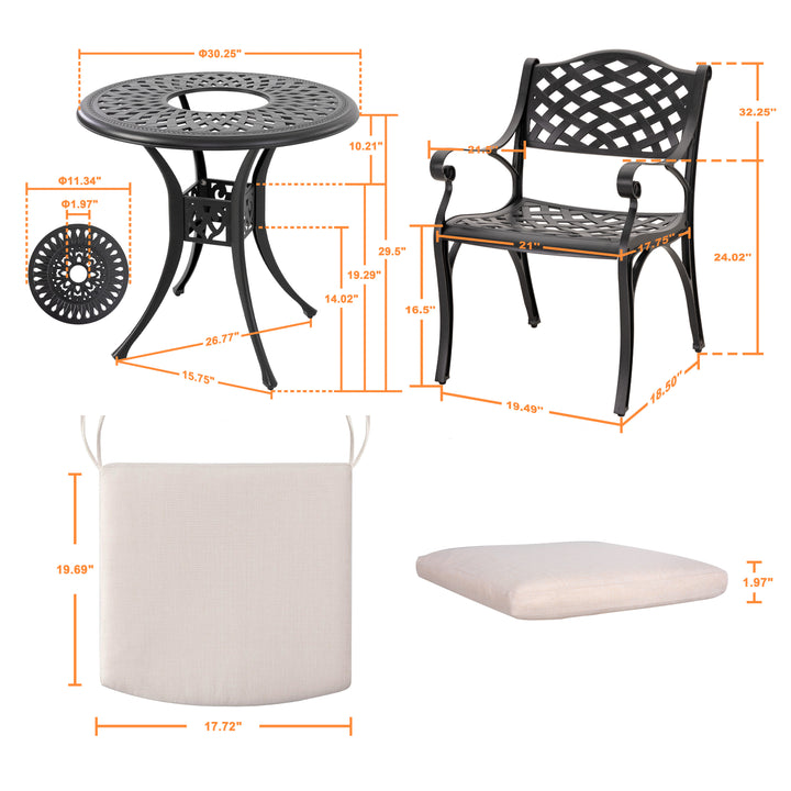 Outdoor 3-Piece Patio Bistro Set, 2 Patio Chairs with Cushions, 31'' Round Bistro Table with Ice Bucket Function and 1.97" Umbrella Hole, Cast Aluminum Frame, Olefin Fabric, for Patio, Deck, Garden, Black with Gold Speckles and Beige