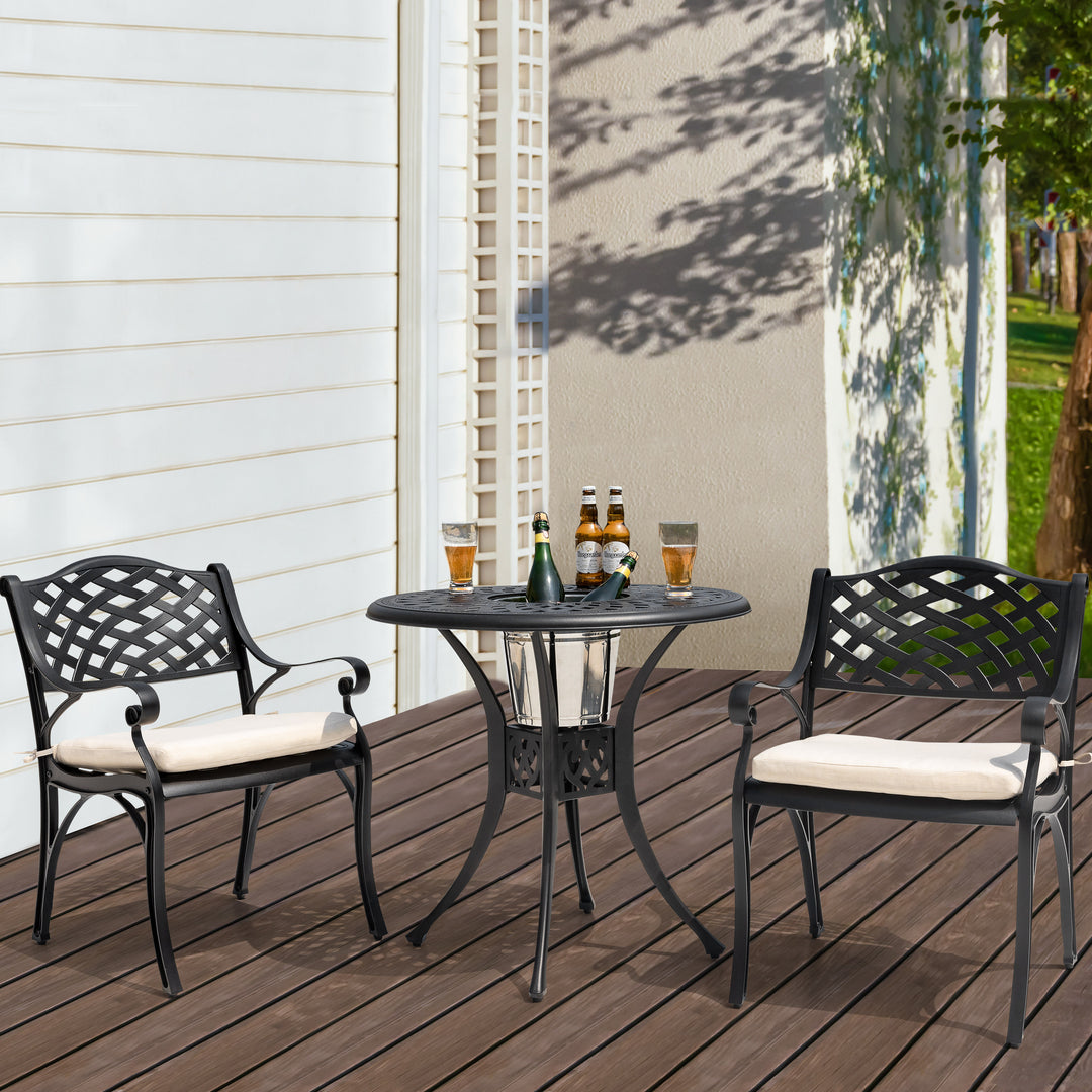 Outdoor 3-Piece Patio Bistro Set, 2 Patio Chairs with Cushions, 31'' Round Bistro Table with Ice Bucket Function and 1.97" Umbrella Hole, Cast Aluminum Frame, Olefin Fabric, for Patio, Deck, Garden, Black with Gold Speckles and Beige