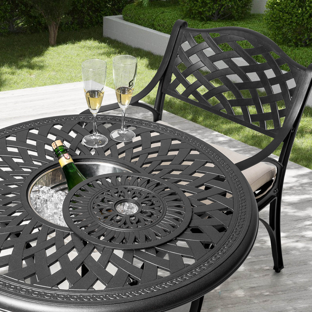 Outdoor 3-Piece Patio Bistro Set, 2 Patio Chairs with Cushions, 31'' Round Bistro Table with Ice Bucket Function and 1.97" Umbrella Hole, Cast Aluminum Frame, Olefin Fabric, for Patio, Deck, Garden, Black with Gold Speckles and Beige