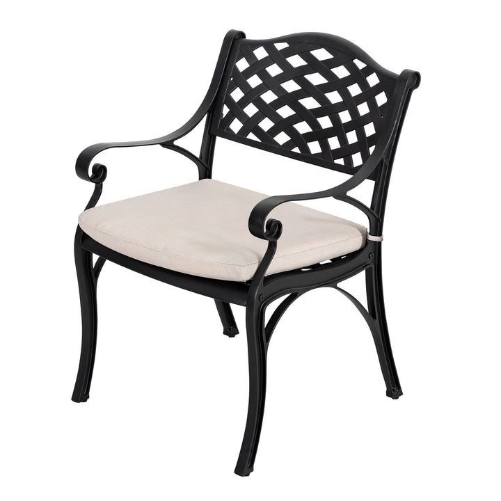 Outdoor 3-Piece Patio Bistro Set, 2 Patio Chairs with Cushions, 31'' Round Bistro Table with Ice Bucket Function and 1.97" Umbrella Hole, Cast Aluminum Frame, Olefin Fabric, for Patio, Deck, Garden, Black with Gold Speckles and Beige