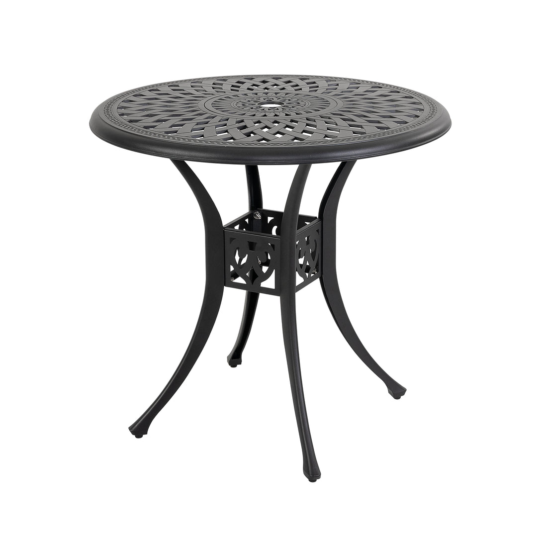 Outdoor 3-Piece Patio Bistro Set, 2 Patio Chairs with Cushions, 31'' Round Bistro Table with Ice Bucket Function and 1.97" Umbrella Hole, Cast Aluminum Frame, Olefin Fabric, for Patio, Deck, Garden, Black with Gold Speckles and Beige
