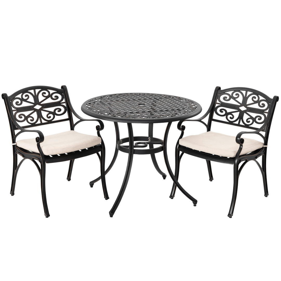 3 Pieces Outdoor Bistro Set Cast Aluminum Patio Dining Set Outdoor Furniture Table with Umbrella Hole for Yard, Balcony