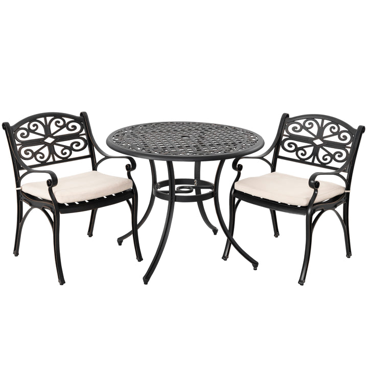 3 Pieces Outdoor Bistro Set Cast Aluminum Patio Dining Set Outdoor Furniture Table with Umbrella Hole for Yard, Balcony