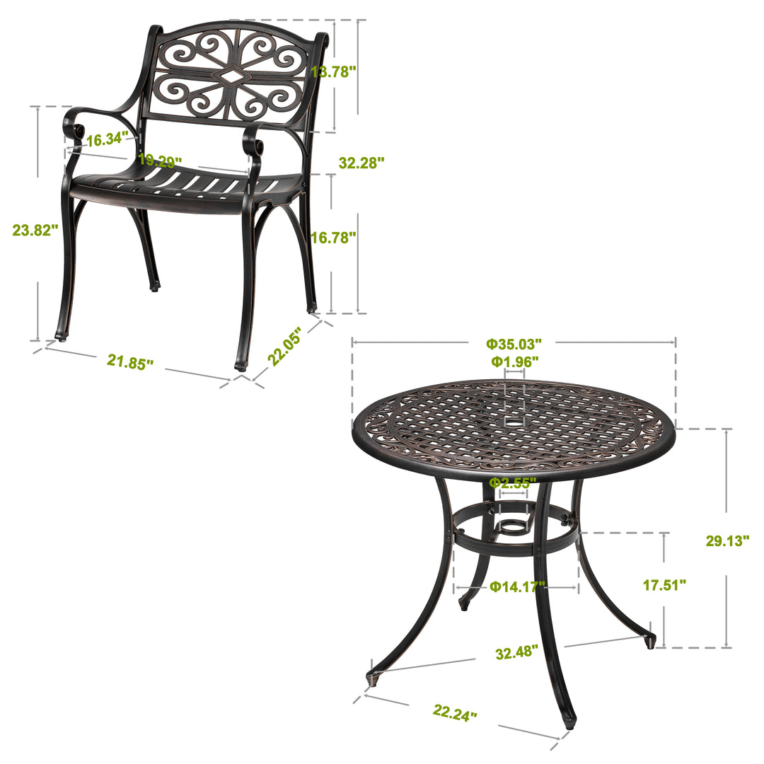 3 Pieces Outdoor Bistro Set Cast Aluminum Patio Dining Set Outdoor Furniture Table with Umbrella Hole for Yard, Balcony