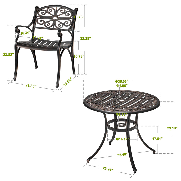 3 Pieces Outdoor Bistro Set Cast Aluminum Patio Dining Set Outdoor Furniture Table with Umbrella Hole for Yard, Balcony