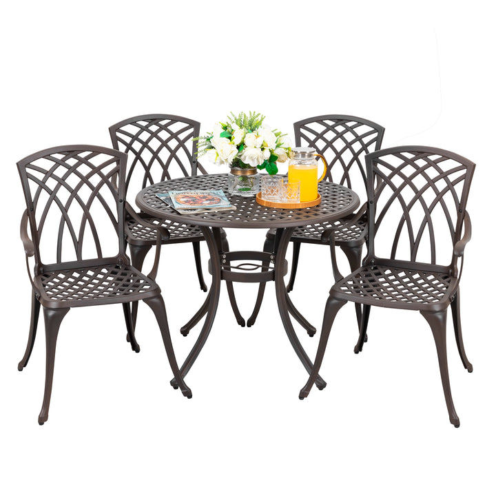 33 Inch Cast Aluminum Dining Table with Umbrella Hole and 4 Dining Chairs