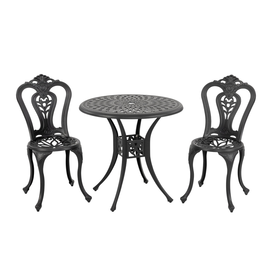 Outdoor 3-Piece Patio Bistro Set, 2 Patio Chairs and 31 Inch Round Ice Bucket Bistro Table with 1.97" Umbrella Hole, Cast Aluminum Frame, for Outdoor and Indoor Space, Patio, Deck, Garden, Backyard, Balcony, Black with Gold Speckles