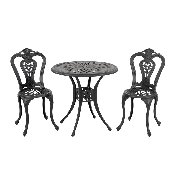 Outdoor 3-Piece Patio Bistro Set, 2 Patio Chairs and 31 Inch Round Ice Bucket Bistro Table with 1.97" Umbrella Hole, Cast Aluminum Frame, for Outdoor and Indoor Space, Patio, Deck, Garden, Backyard, Balcony, Black with Gold Speckles
