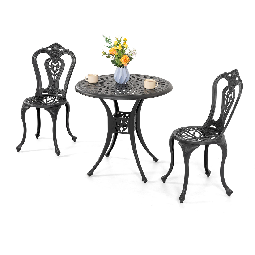 Outdoor 3-Piece Patio Bistro Set, 2 Patio Chairs and 31 Inch Round Ice Bucket Bistro Table with 1.97" Umbrella Hole, Cast Aluminum Frame, for Outdoor and Indoor Space, Patio, Deck, Garden, Backyard, Balcony, Black with Gold Speckles